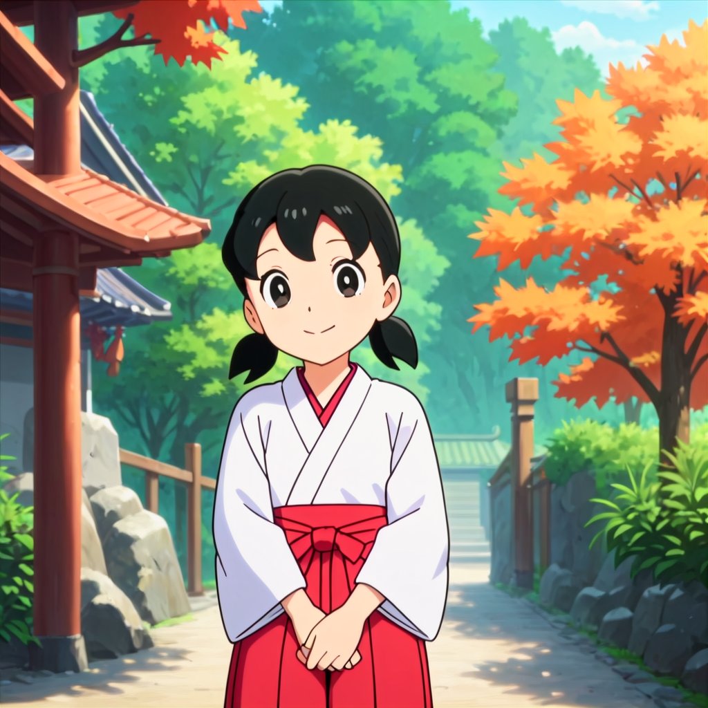 score_9, score_8_up, score_7_up, score_6_up, score_5_up, score_4_up, source_anime,minamoto shizuka,1girl, solo, japanese clothes, black hair,miko, black eyes, smile, twintails, outdoors, hakama, looking at viewer, skirt, short hair, day, short twintails, hakama skirt, tree, red hakama, long sleeves,masterpiece, perfect face, best quality, beautiful girl, cute girl, beautiful eyes, shiny eyes, anime coloring, anime screencap, absurdres, outdoors,  <lora:minamoto shizuka mala 912:0.8>