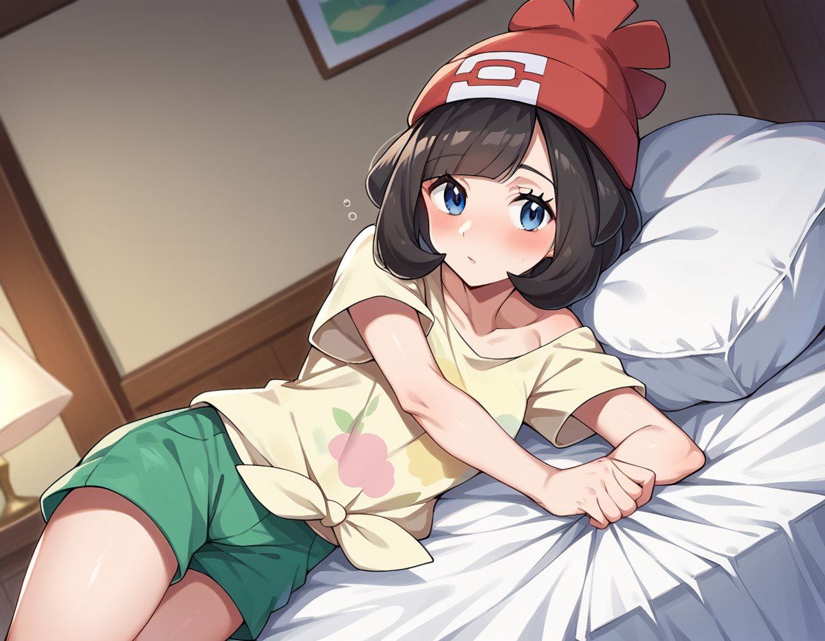 score_9, score_8_up, score_7_up, source_anime,pokemonselene, <lora:pokemon-selene-ponyxl-lora-nochekaiser:1>pokemonselene, black hair, blue eyes, short hair, bangs, blunt bangs,beanie, collarbone, green shorts, hat, red headwear, shirt, short sleeves, shorts, tied shirt, yellow shirt,indoors, bed, bed room, on side, blush, drunk,looking at viewer, cowboy shot, dutch angle,