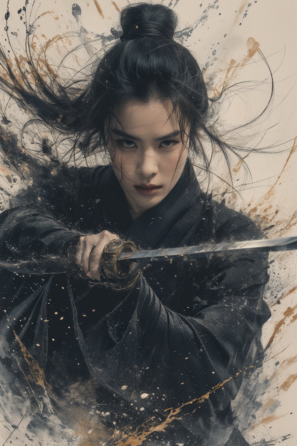 sdmai, wuxia, Chinese ink painting, artistic ink painting, Chinese martial arts films, wearing black robes, fighting posture, cinematic grandeur, splashing details, wild and powerful, solo, 1girl, black hair, weapon, sword, hair bun, looking at viewer, single hair bun, holding weapon, holding, realistic <lora:SDMAI武侠wuxia:0.8>