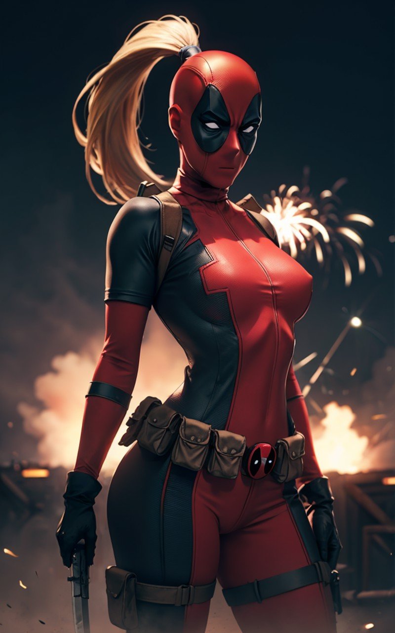 masterpiece, best quality, highres, contrapposto,BodySuit_lady_deadpool_ownwaifu,1girl, mask, blonde hair, ponytail, long hair, large breasts, no pupils, bodysuit, skin tight, superhero, belt pouch, utility belt, red bodysuit, gloves, weapon on back, thigh pouch, thigh strap, thigh holster, belt buckle, turtleneck, <lora:MARVEL_lady_deadpool_ownwaifu:0.7> ,light particles, depth_of_field, scenery, night, aerial fireworks, solo, cowboy shot, looking at viewer,