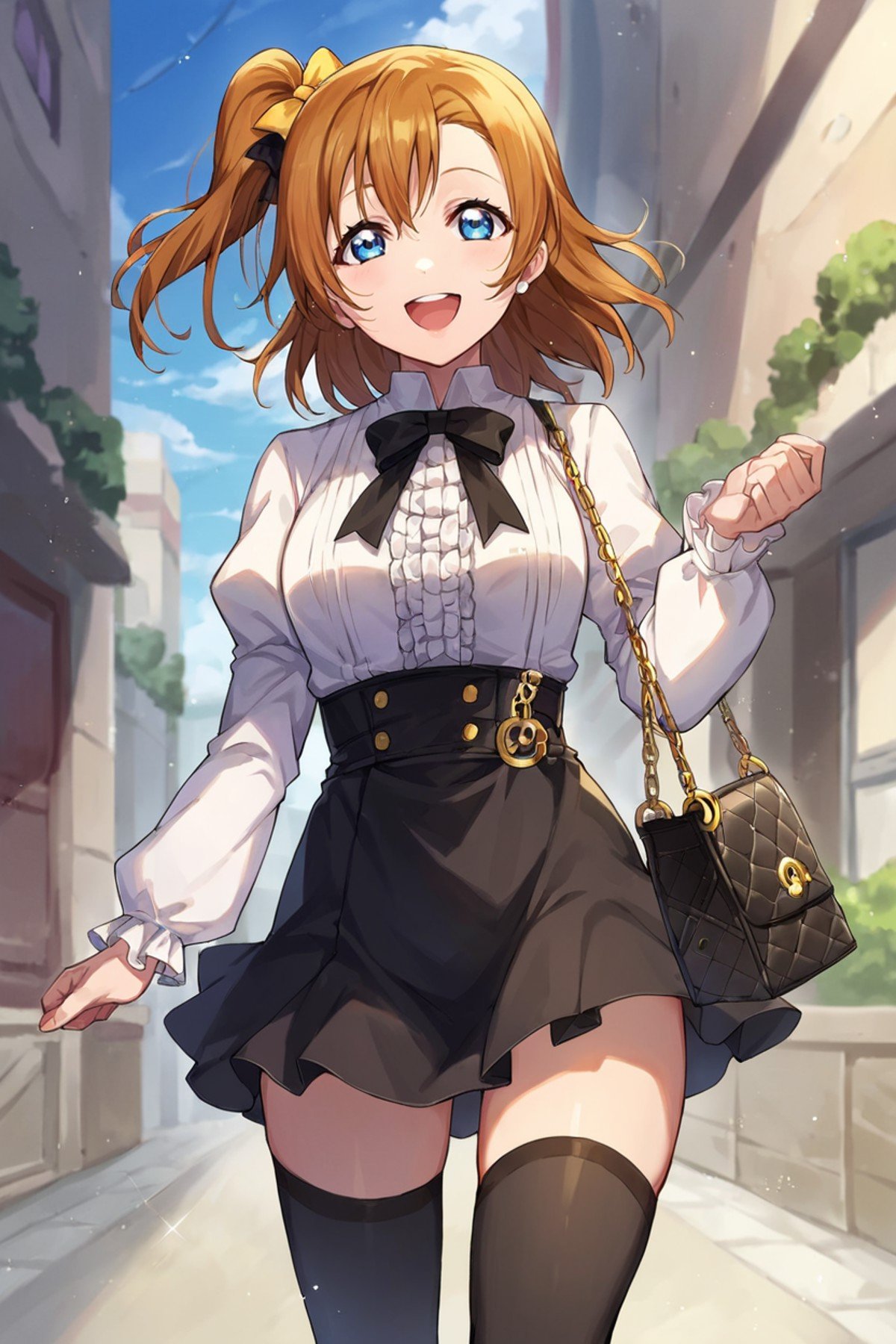 score_9, score_8_up, score_7_up, source_anime BREAK 1girl, solo, lovelive_honoka, (white vulcan blouse, black mini skirt, black thighhighs:1.3), handbag, medium hair, brown hair, blue eyes, looking at you, smile, open mouth, city <lora:lovelive_honoka_2-000013:0.8>