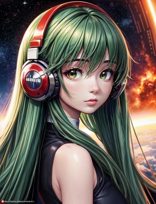 best quality, masterpiece, highres, detailed, digital artwork, <lora:Detail - add_detail:0.2>, CasiCharu, green hair, long hair, brown eyes, red headphones, android, robot joints, <lora:Character - CasiCharu:0.8>, space, meme face