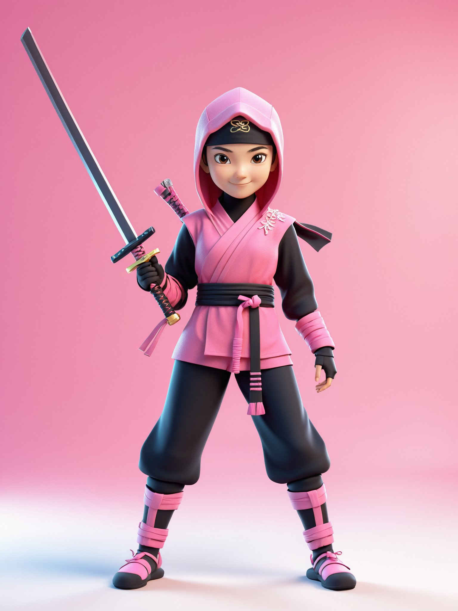 Ninja girl, realistic 3D cartoon style rendering, 14 years old, bright smile, (full body: 1.5), wearing pink ninja costume, holding ninja sword, fashionable outfit, New Year background, interactive movie style, edge lighting, soft gradient, charming illustration, best quality, 8K, ultra-detail
