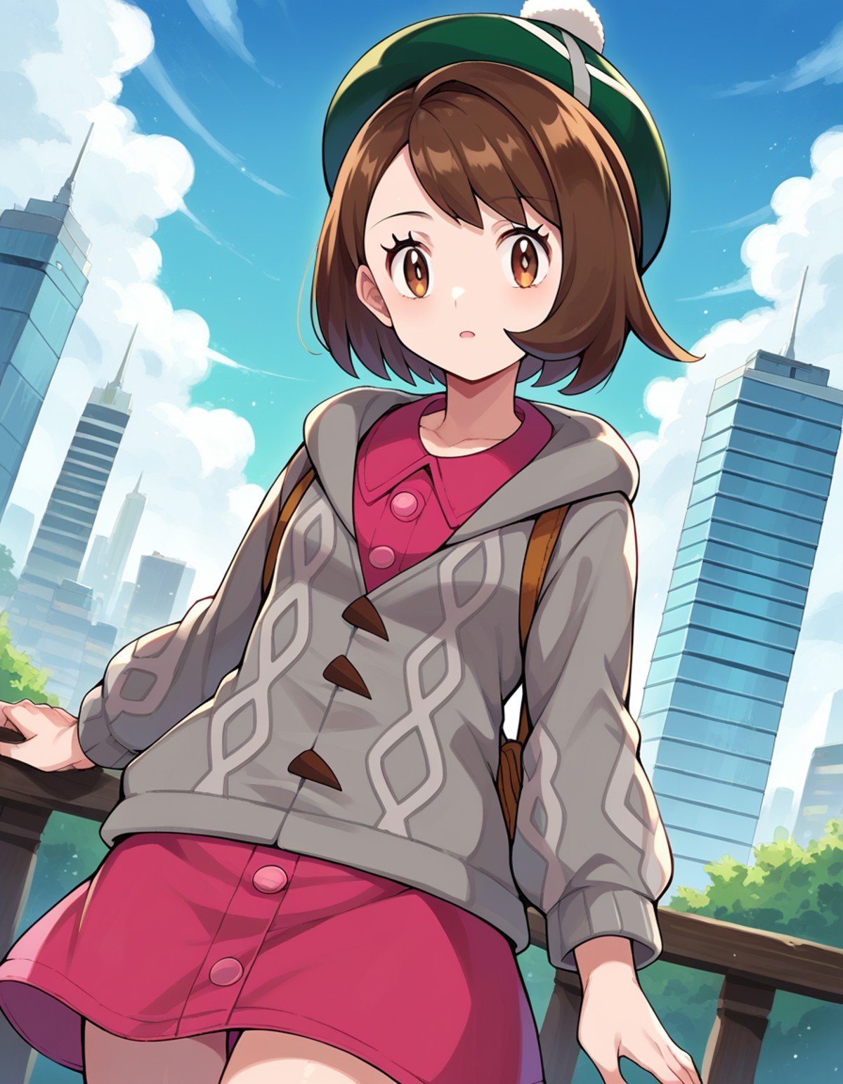 score_9, score_8_up, score_7_up, source_anime,pokemongloria, <lora:pokemon-gloria-ponyxl-lora-nochekaiser:1>pokemongloria, brown eyes, brown hair, medium hair,cardigan, dress, green headwear, grey cardigan, hood, hood down, hooded cardigan, long sleeves, pink dress, short dress,outdoors, cityscape,looking at viewer, cowboy shot, dutch angle,