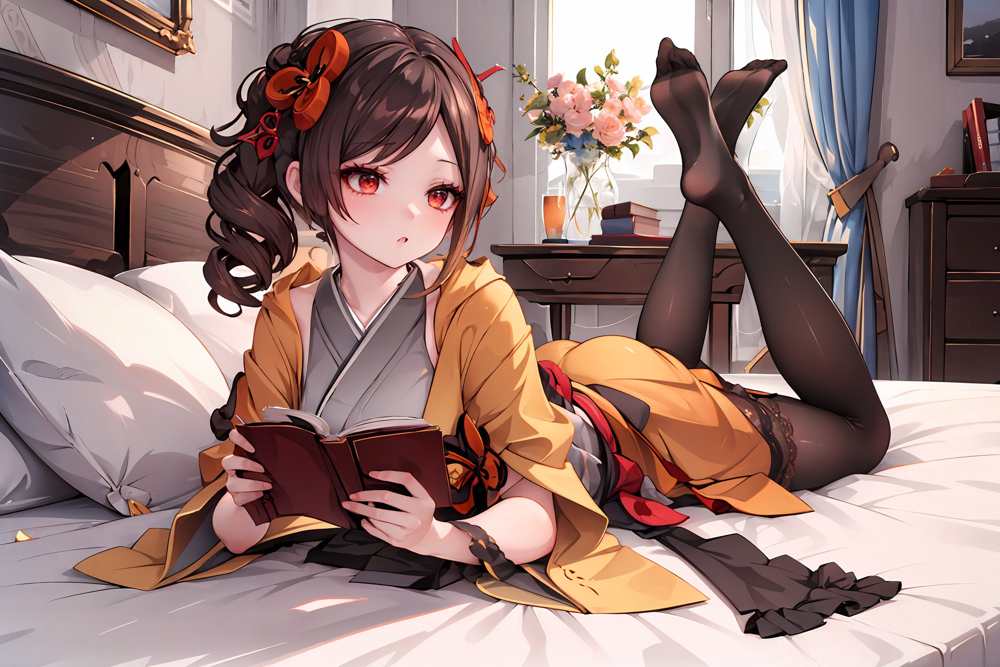 ((masterpiece,best quality)), 1girl, chiori, lying, on bed, lace pantyhose, no shoes, reading book,