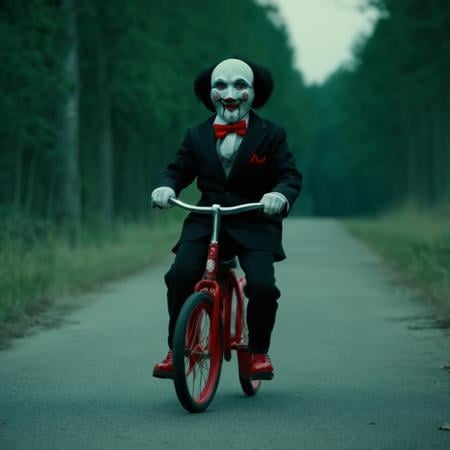 cinematic film still of  <lora:jigsaw style:1>Jigsaw a creepy clown riding a red bicycle with a red wheel,solo,red eyes,1boy,bow,full body,male focus,shoes,bowtie,mask,formal,suit,ground vehicle,red footwear,traditional bowtie,bicycle,horror (theme) , detailed, detailed background, detailed scene, perfect, perfection, cinematic, filmic, Horror (themed), Jigsaw style, shallow depth of field, vignette, highly detailed, high budget, bokeh, cinemascope, moody, epic, gorgeous, film grain, grainy