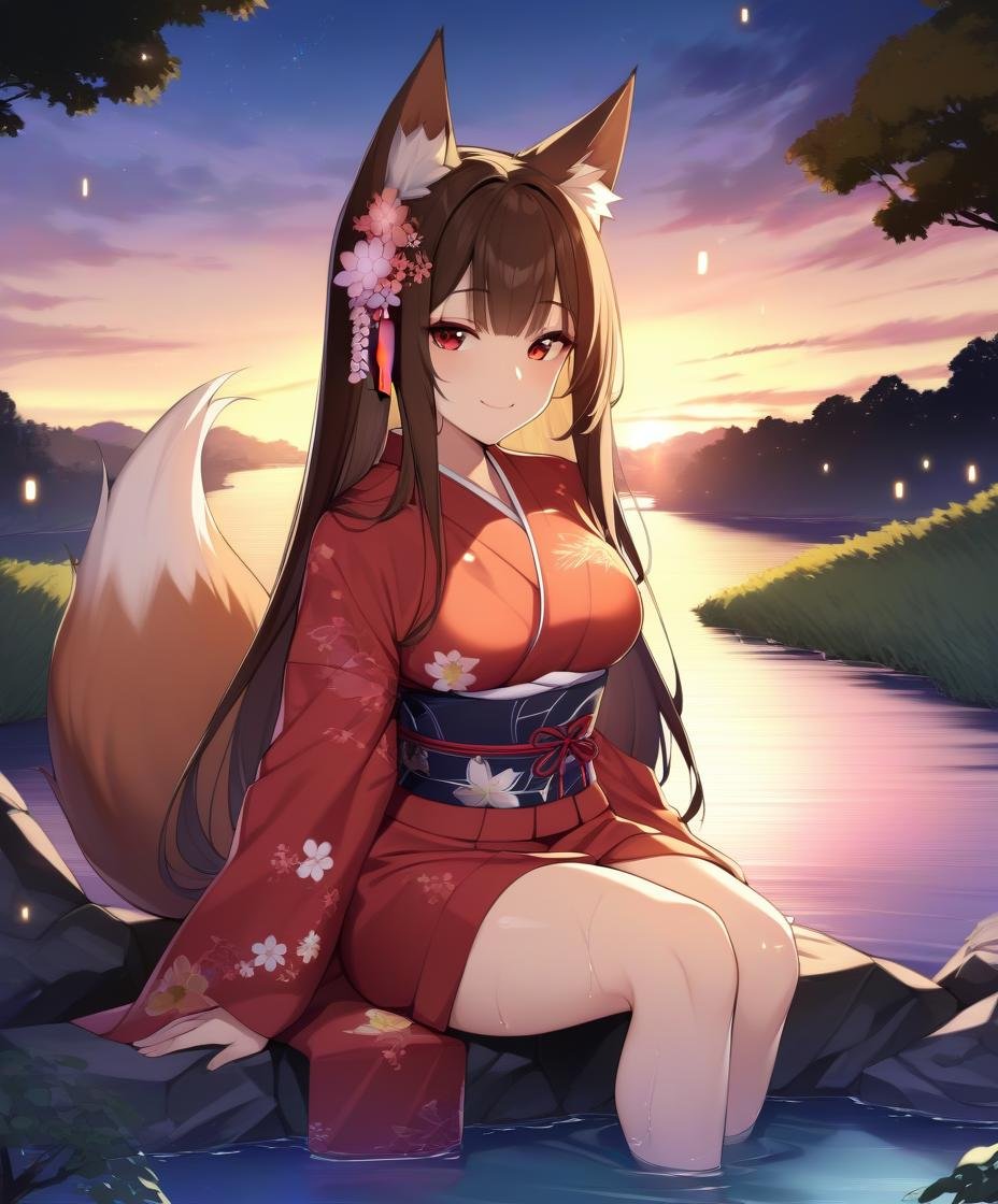 1girl, long hair, animal ears, brown hair, masterpiece, red eyes, smile, outdoors, tree, landscape, kimono, fox tail, looking at viewer, sunset, sitting, river, water, fireflies, nature, hair ornament, medium breasts, partially submerged, 