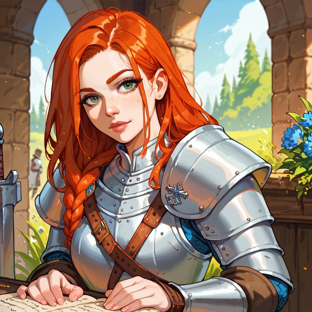 [score_9, score_8_up, score_7_up, score_6_up, score_5_up, score_4_up] ,[illustration], beautiful redhead girl,woman medieval soldier,armor,[looking at viewer],