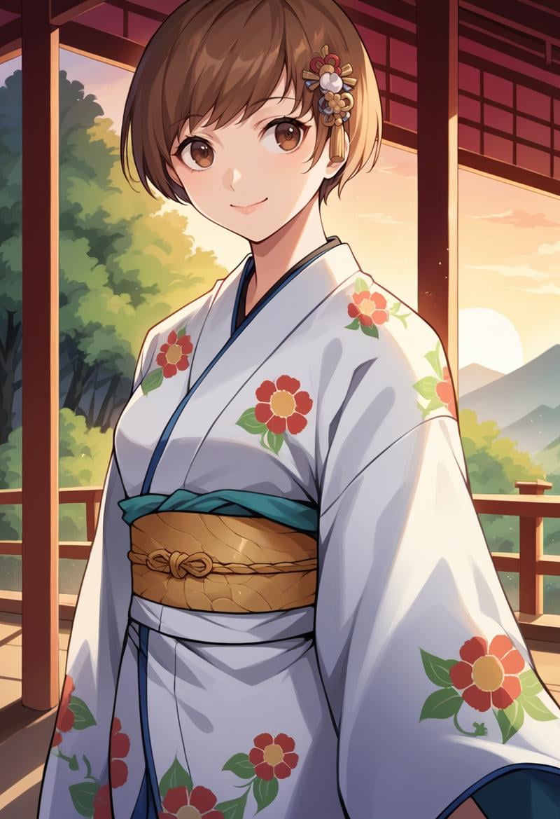 score_9, score_8_up, score_7_up, source_anime BREAK 1girl, solo, <lora:zs_ChieXL:1> chiekimono, brown hair, short hair, brown eyes, hair ornament, white kimono, sash, floral print cowboy shot, smile, closed mouth, japanese shrine, sunset, 