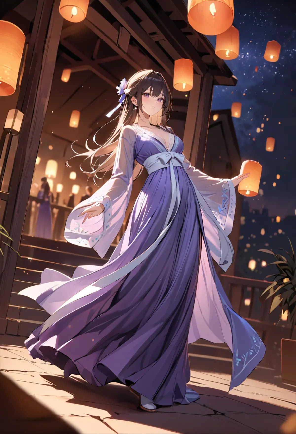 ,ruanyi0799,lantern,glowing,night sky,1girl,solo,hanfu,full body,dancing,,ruanyi0752,hanfu,purple dress,see-through,wide sleeves,<lora:0799 Kongming lantern_xl_v1:1>,<lora:0752 Wisteria butterfly hanfu_v1_pony:0.8>, masterpiece,best quality,ultra detailed,8K,super fine illustration,highly detailed beautiful face and eyes,perfect anatomy,professional lighting,