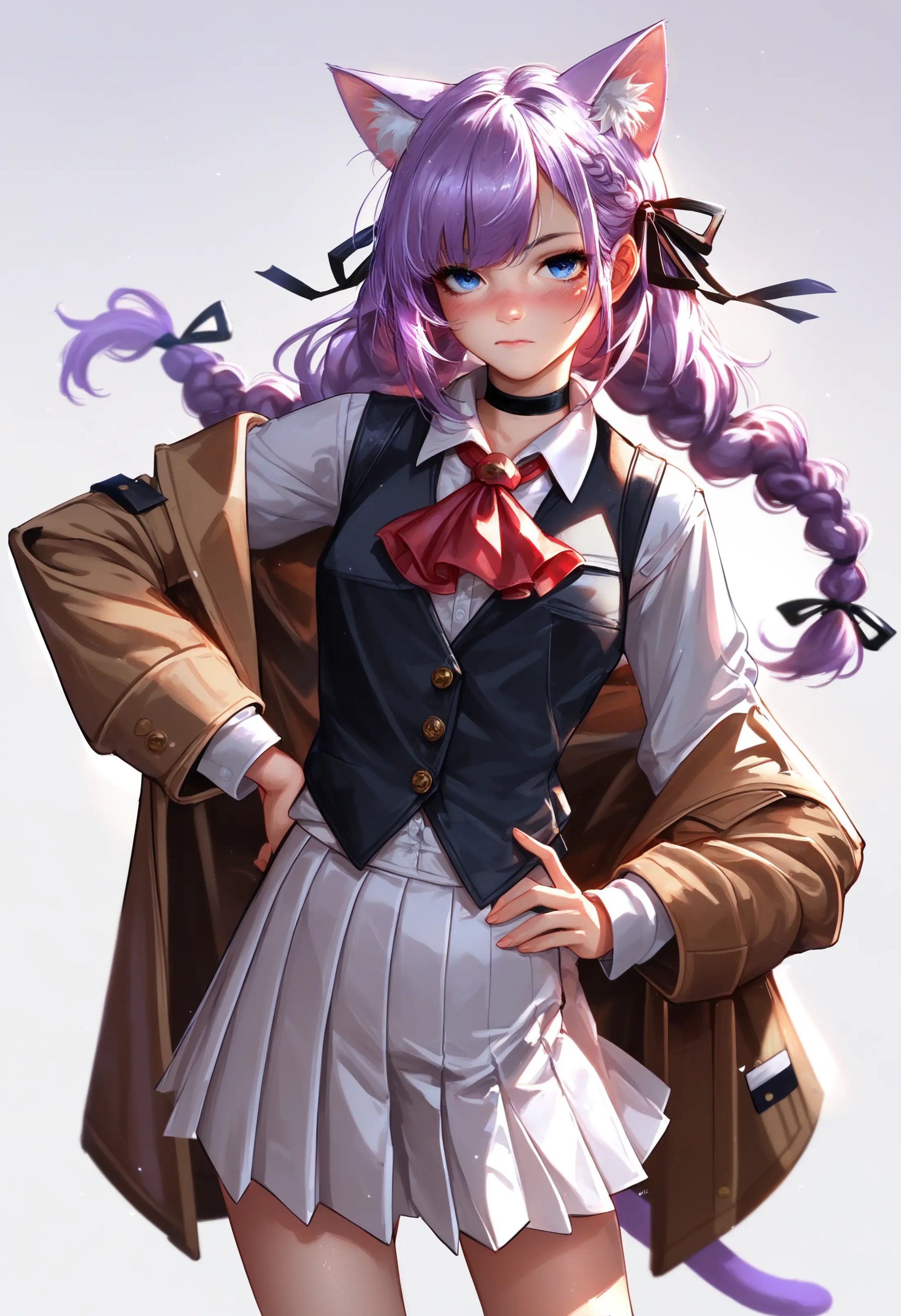 (score_9,score_8_up,score_7_up), 1girl, animal ears, solo, long hair, blue eyes, white background, simple background, purple hair, brown coat, animal ear fluff, coat, white skirt, ascot, looking at viewer, choker, skirt, shirt, off shoulder, cat ears, black vest, white shirt, hand on own hip, vest, long sleeves, red ascot, braid, open clothes, ribbon, hair ribbon, blush, black choker, closed mouth, black ribbon, open coat, cat girl, pleated skirt, collared shirt