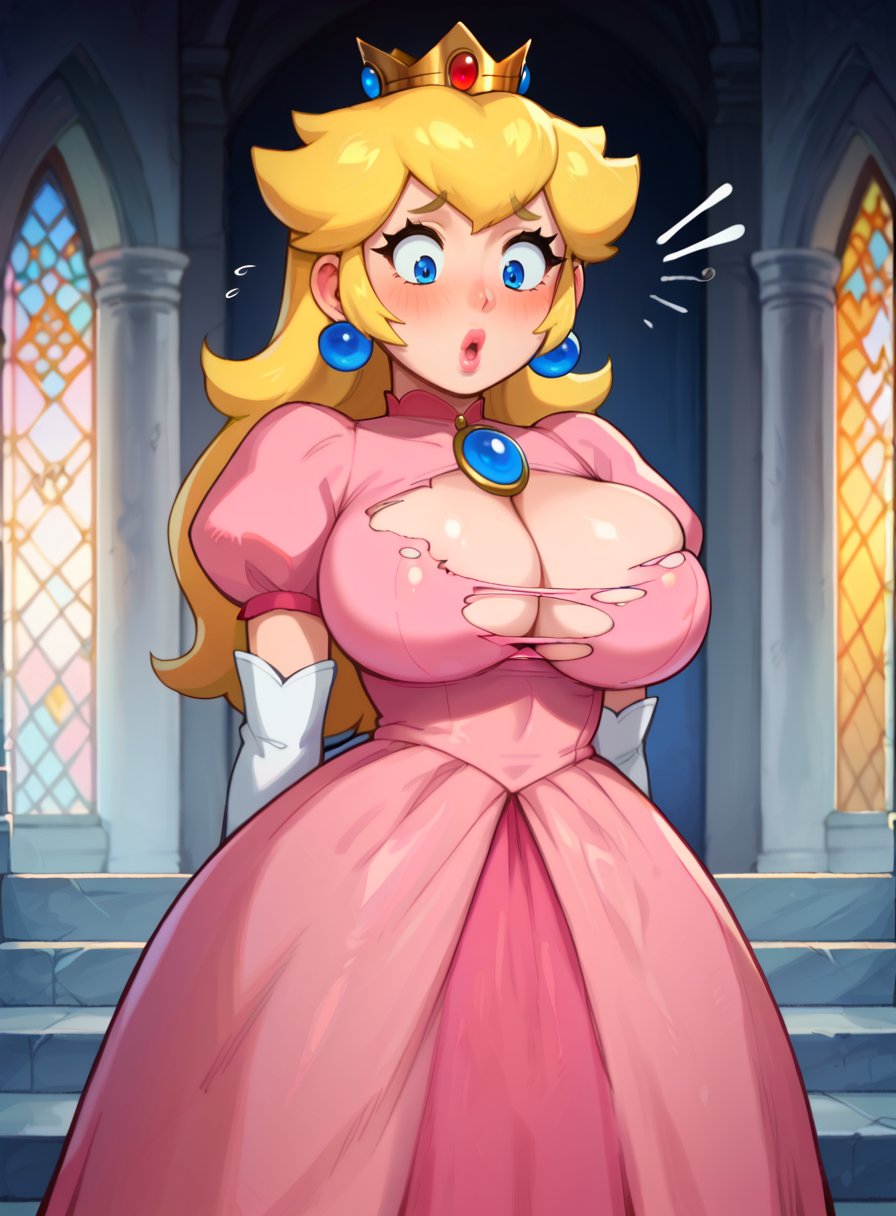 score_9, score_8_up, score_7_up, score_6_up, source_anime, 2d, 1girl, solo, (titburst), princess peach, torn clothes, blonde hair, large breasts, blush, bursting breasts, arms at sides, shocked, looking down, suprised, pink dress, castle interior, (shiny skin), (castle interior background), blue eyes,  <lora:AfrobullLycoXL:0.3> <lora:Bluethebone_Style_PonyXL:0.2> <lora:Riz:0.6> <lora:gh1bl1XLP:0.4> <lora:shadman_style_v4:0.2>  <lora:titburst:0.85>