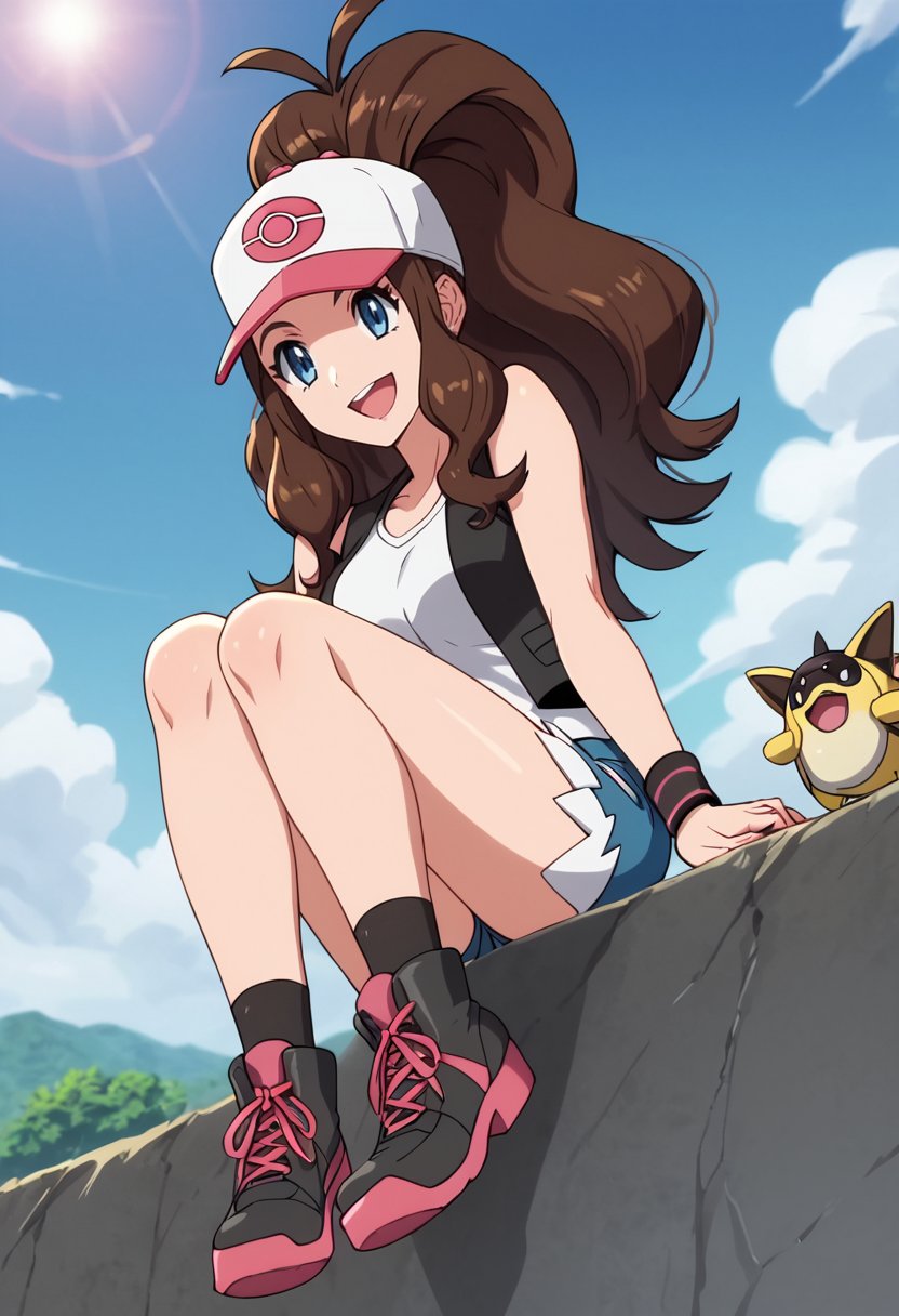 score_9, score_8_up, score_7_up,source_anime,anime coloring,perfect anatomy,cinematic_shadow,anime screencap,<lora:animestyle:1>finetuneanimeBREAK <lora:hilda:1>hilda, 1girl, hilda (pokemon), pokemon (creature), hat, blue eyes, brown hair, baseball cap, shorts, denim shorts, denim, sitting, vest, smile, day, open mouth, short shorts, black vest, boots, long hair, outdoors, sky, wristband, ponytail, breasts, sleeveless, shirt, high ponytail