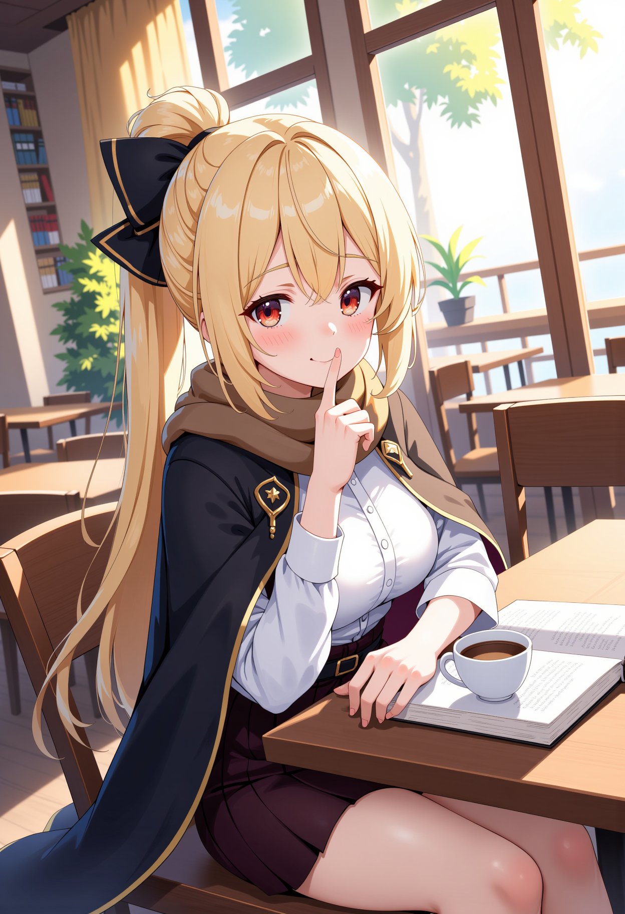 This is a digital illustration in an anime style featuring a young woman sitting at a table in a cozy café. She has light blonde hair styled in a high ponytail with a black bow, and large, expressive red eyes. She is wearing a black cloak with golden embellishments, a white blouse, and a brown scarf. Her skin is fair and her expression is contemplative as she holds an index finger to her lips. She is seated at a wooden table with a white cup of coffee and an open book in front of her, indicating she is reading or studying. The café has a warm, inviting atmosphere with wooden chairs and tables, and large windows allowing natural light to flood in, casting a golden glow on the scene. Potted plants and shelves filled with books line the walls, suggesting a cozy, intellectual ambiance.