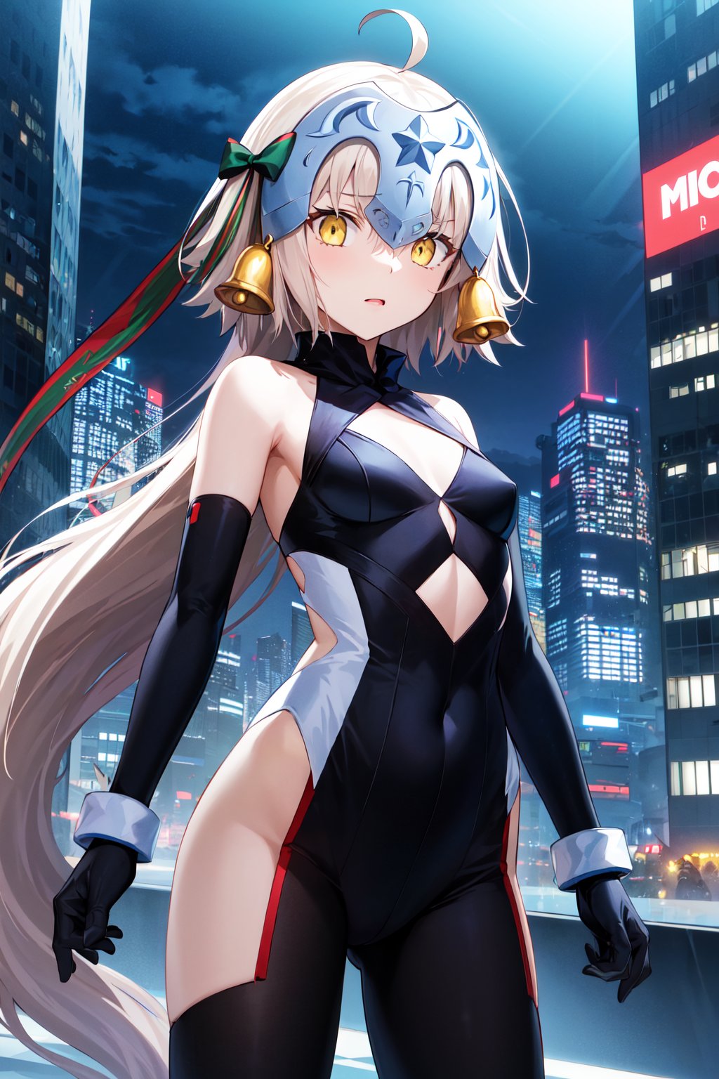 masterpiece, best quality, highres, aasl, long hair, ahoge, headpiece, bell, hair ribbon, small breasts, <lora:jeanne_d'arc_alter_santa_lily_(fate)_v1:0.7>, cyberpunk, bodysuit, gloves, standing, cowboy shot, city, night