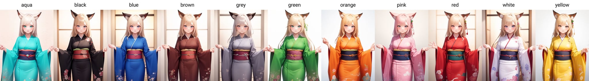 <lora:colorkimono:1> 1girl, solo, standing, obi, sash, medium breasts, fox ears, very long hair, wide sleeves, long sleeves, BREAK (aqua kimono:1.2), closed mouth, floral print, 