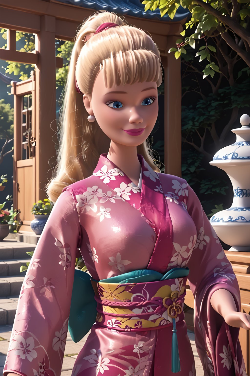 Score_9, Score_8_Up, Score_7_Up, (Masterpiece), (insaneres), intricate details, (hyperdetailed, ts_barbie in the style of pixar, 3d, solo, (hyperrealistic), kimono, obi, lipstick, (blue eyes:1.1), expressive, elegant posture, closed mouth, light smile, (shiny_skin, plastic_skin:1.2), outdoors, garden, east asian architecture, (volumetric, natural lighting:1.2), nature, beautiful<lora:EMS-403792-EMS:1.000000>, <lora:EMS-326235-EMS:0.300000>