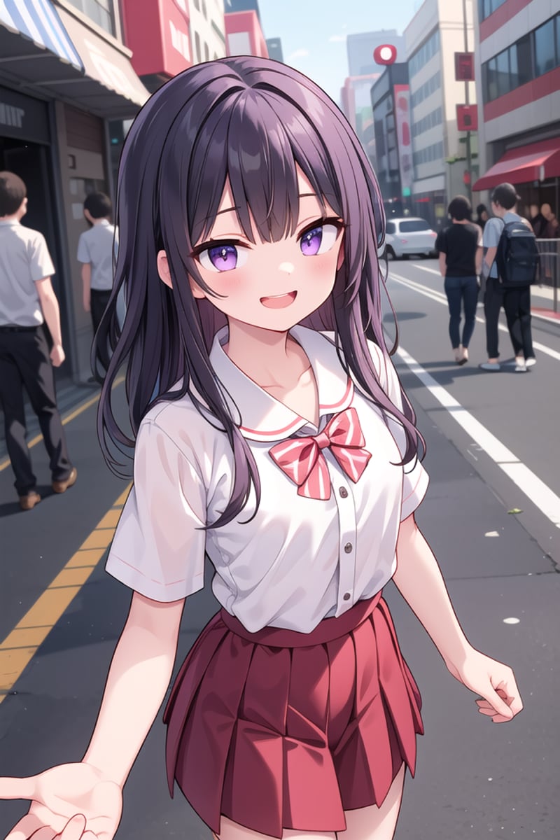 <lora:talkmouth_E_type1_v200:1>insanely detailed, absurdres, ultra-highres, ultra-detailed, best quality,1girl, solo, nice hands, perfect handsBREAKsummer school uniform, (plain dark red skirt with many pleats:1.4), (striped red bowtie:1.3), short sleeves, white shirt, shirt with white button, shirt_tucked_in    BREAK    (breast pocket, vest, blazor, long sleeves, checked skirt, striped skirt, striped shirt, striped sleeves, bra visible through clothes, skirt with frill:-1)BREAK(nsfw:-1.5)BREAKsmile, open mouthBREAKfrom above,standing, cowboy shot, looking at viewerBREAKslender, kawaii, perfect symmetrical face, ultra cute girl, ultra cute face, ultra detailed eyes, ultra detailed hair, ultra cute, ultra beautifulBREAKin street, cityscape in harajuku, depth of field, ultra detailed backgroundBREAKmedium breastsBREAKpurple hair, purple eyes, messy hair, 