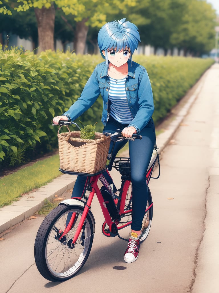 <lora:Nijino_Saki:0.8>NijinoSaki, bicycle,  1girl, ground vehicle, pants, outdoors, skirt, striped, long sleeves, jacket, sneakers, striped shirt, shoes, denim, retro artstyle, shirt, hand on another's shoulder, day, jeans, basket,masterpiece, high quality, very_high_resolution, large_filesize, full color,