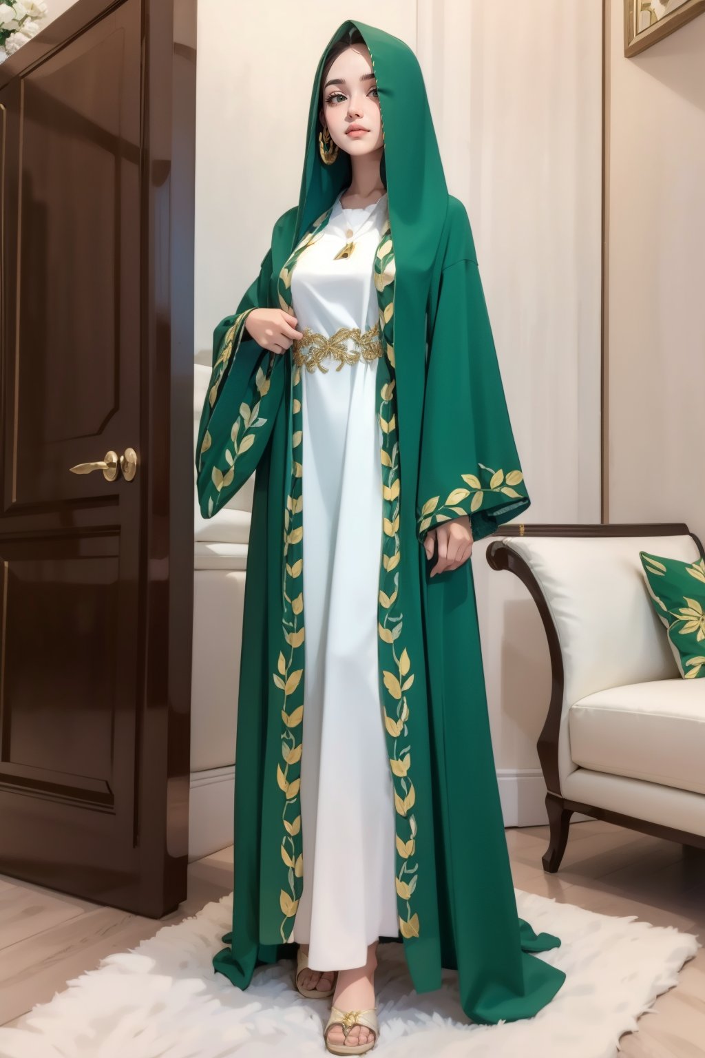 masterpiece, best quality, <lora:age_slider_v20:1>  <lora:detail_slider_v4:2> 1girl, BurqaDr3ss, long sleeves dress, full body, hood, wide sleeves, hood up, green dress, <lora:BurqaDr3ss:0.8> 