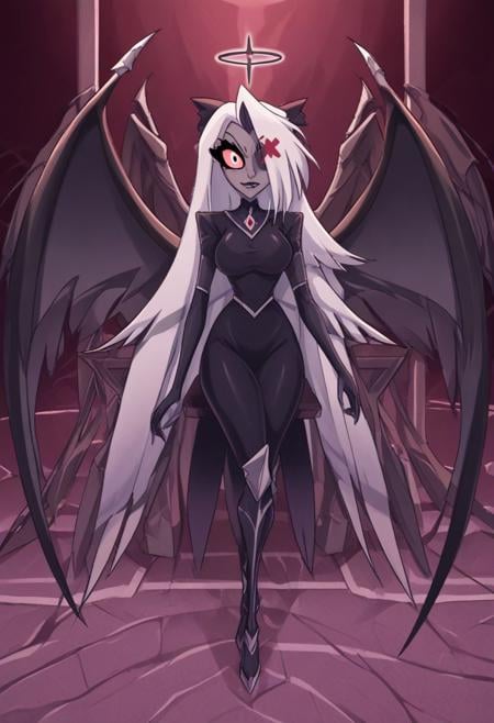 evil villain, xvaggiex, white hair, very long hair, hair bow, colored sclera, hair over one eye, halo, colored skin, black angel wings, multiple wings, black lips, hands have razor-sharp talons, Evil black demonic armor, heel boots,very busty. Full body shot. She is sitting on a heavenly throne 