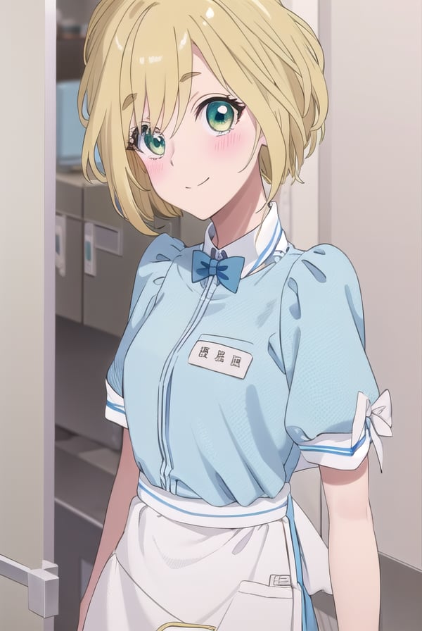 yuinishida, <lora:yui nishida s1-lora-nochekaiser:1>,yui nishida, short hair, blonde hair, (green eyes:1.3), ahoge, blush, blush sticker, smile,BREAK shirt, bow, short sleeves, puffy sleeves, apron, blue shirt, name tag, waitress,BREAK indoors, restaurant,BREAK looking at viewer, (cowboy shot:1.5),BREAK <lyco:GoodHands-beta2:1>, (masterpiece:1.2), best quality, high resolution, unity 8k wallpaper, (illustration:0.8), (beautiful detailed eyes:1.6), extremely detailed face, perfect lighting, extremely detailed CG, (perfect hands, perfect anatomy),