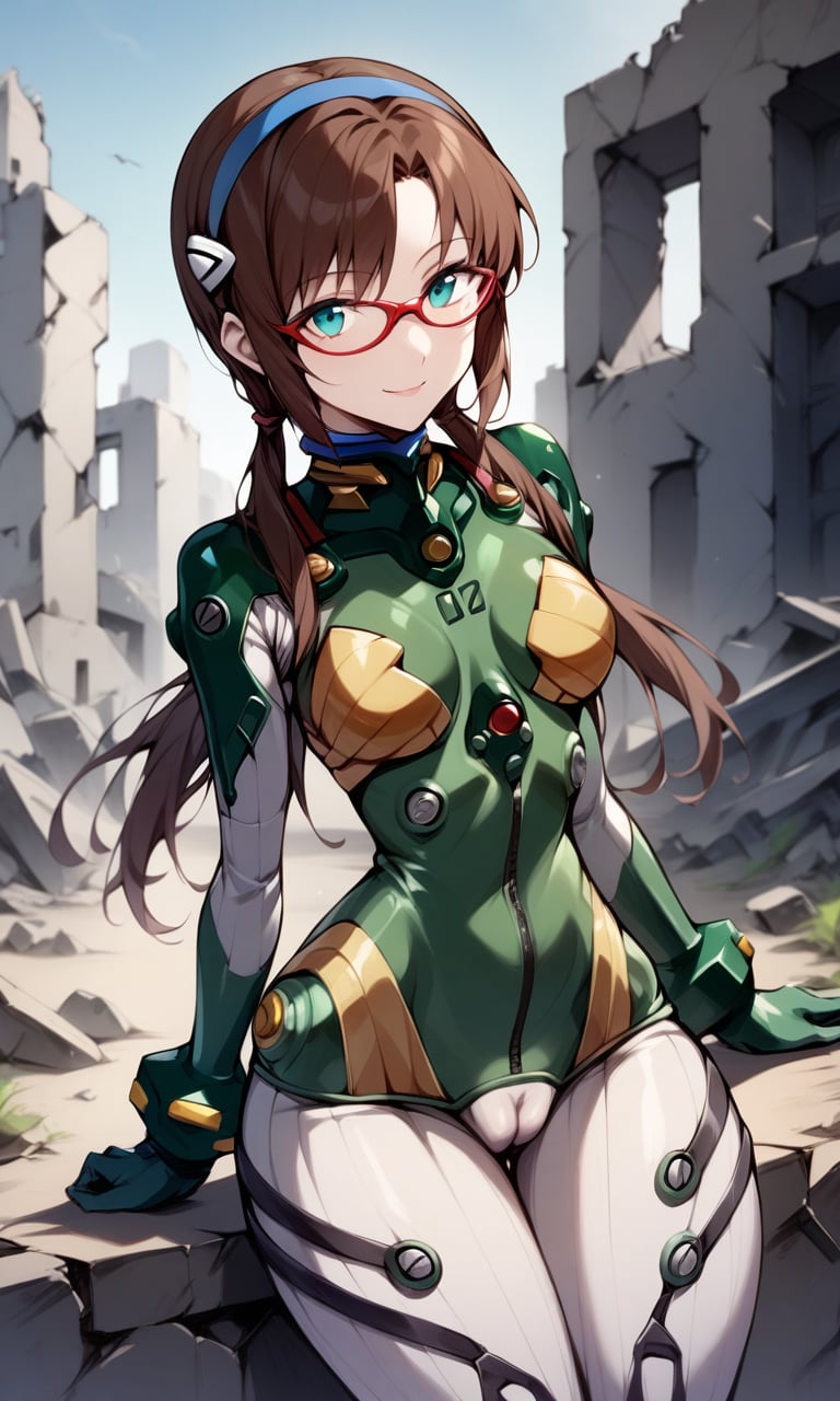 solo, 1girl, maritest, aqua eyes, hairband, brown hair, red-framed eyewear, green plugsuit, bracer, quilted bodysuit, narrow waist, cameltoe, thick thighs, wide hips, looking at viewer, light smile, cameltoe, outdoors, ruins, masterpiece, absurdres, <lora:MariTestSuit_XL:0.8>