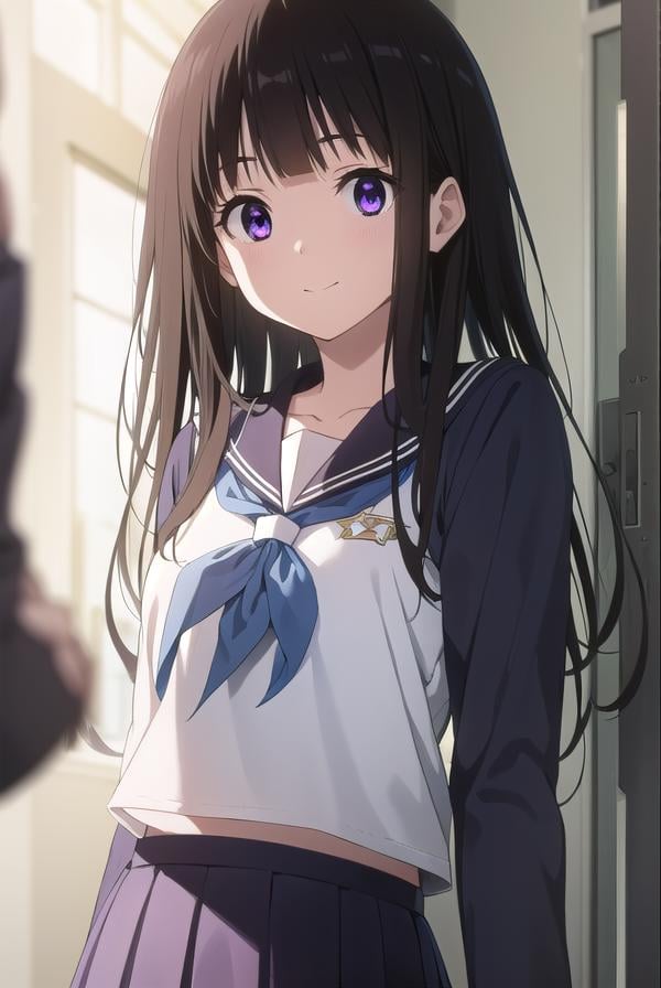 eruchitanda, <lora:eru chitanda s1-lora-nochekaiser:1>,eru chitanda, long hair, black hair, bangs, blunt bangs, (purple eyes:1.1), sidelocks, smile,BREAK skirt, school uniform, serafuku, kamiyama high school uniform \(hyouka\), black skirt, long sleeves, black sailor collar,BREAK indoors, classroom,BREAK looking at viewer, (cowboy shot:1.5),BREAK <lyco:GoodHands-beta2:1>, (masterpiece:1.2), best quality, high resolution, unity 8k wallpaper, (illustration:0.8), (beautiful detailed eyes:1.6), extremely detailed face, perfect lighting, extremely detailed CG, (perfect hands, perfect anatomy),