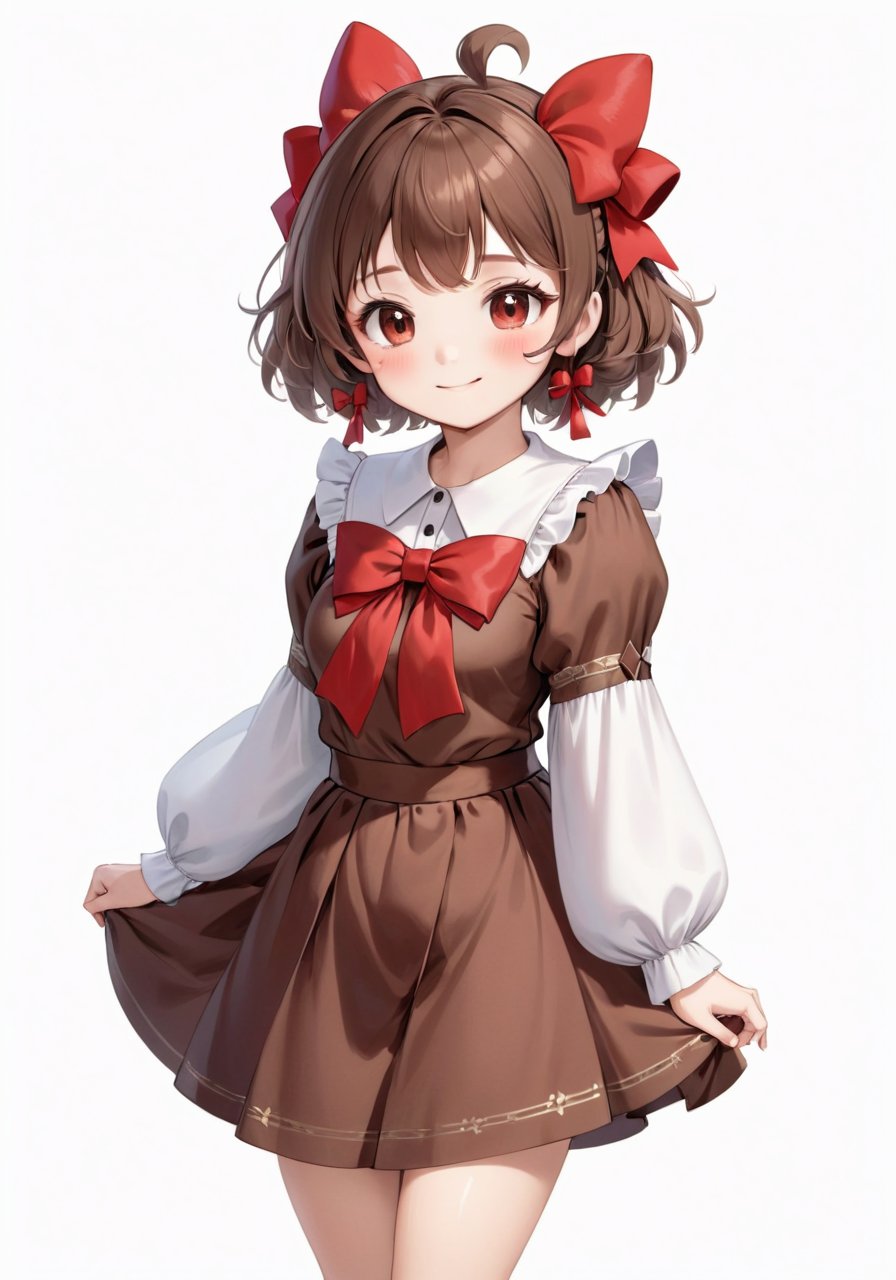 highres,best quality, girl, , 1girl, bow, brown eyes, brown skirt, closed mouth, dress, hair bow, juliet sleeves, long sleeves, looking at viewer, puffy sleeves, red bow, simple background, skirt, smile, solo, standing, white background