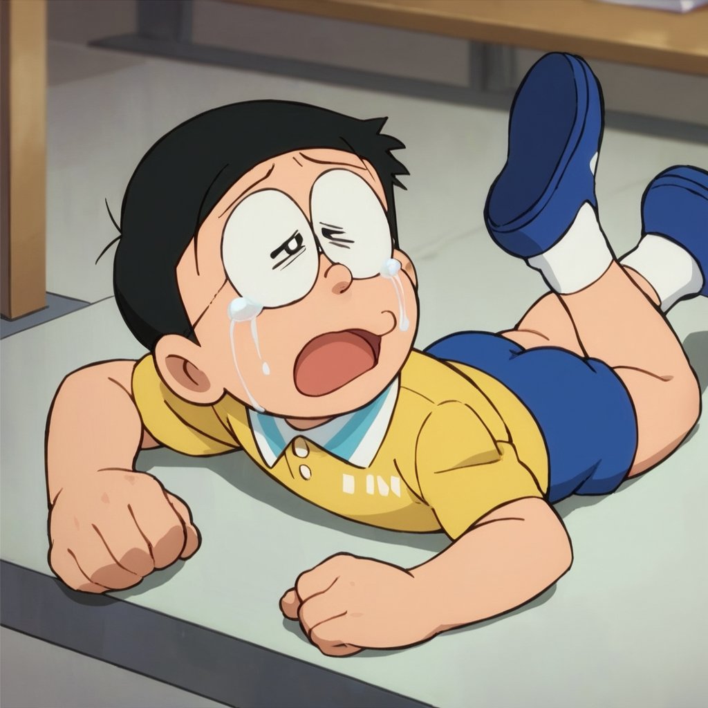 score_9, score_8_up, score_7_up, score_6_up, score_5_up, score_4_up, source_anime, nobi nobita, 1boy, solo, crying, male focus, glasses, tears, black hair, shirt, shorts, socks, lying, on stomach, sopen mouth, yellow shirt, solo focus, blue footwear, crying with eyes open, official style, white socks, short hair, short sleeves, masterpiece, best quality,<lora:minamoto shizuka and nobita autism:1> 