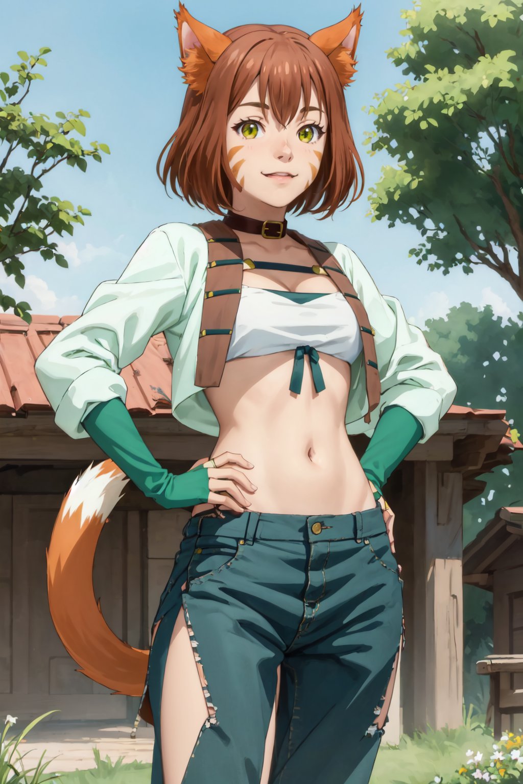 masterpiece, best quality, <lora:miyacatt-nvwls-v1-000010:0.9> 1girl, solo, miya, cat ears, whisker markings, collar, white bandeau, midriff, cleavage, cropped jacket, green gloves, green pants, standing, hands to hips, house, trees, lawn, looking at viewer, cowboy shot, smile, tail