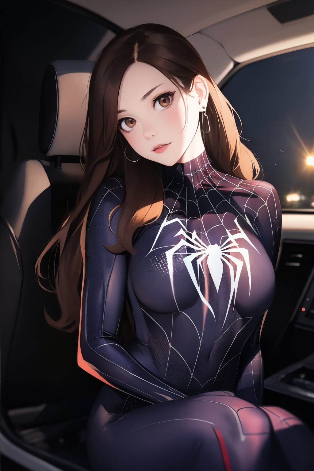 spiderman cosplay,1girl,long hair,looking at viewer,brown hair,brown eyes,earrings,bodysuit,spider web,head tilt,vehicle background,car interior,black background,<lora:lbc_spiderman_ycc_240401_v1.0-000008:0.8>,