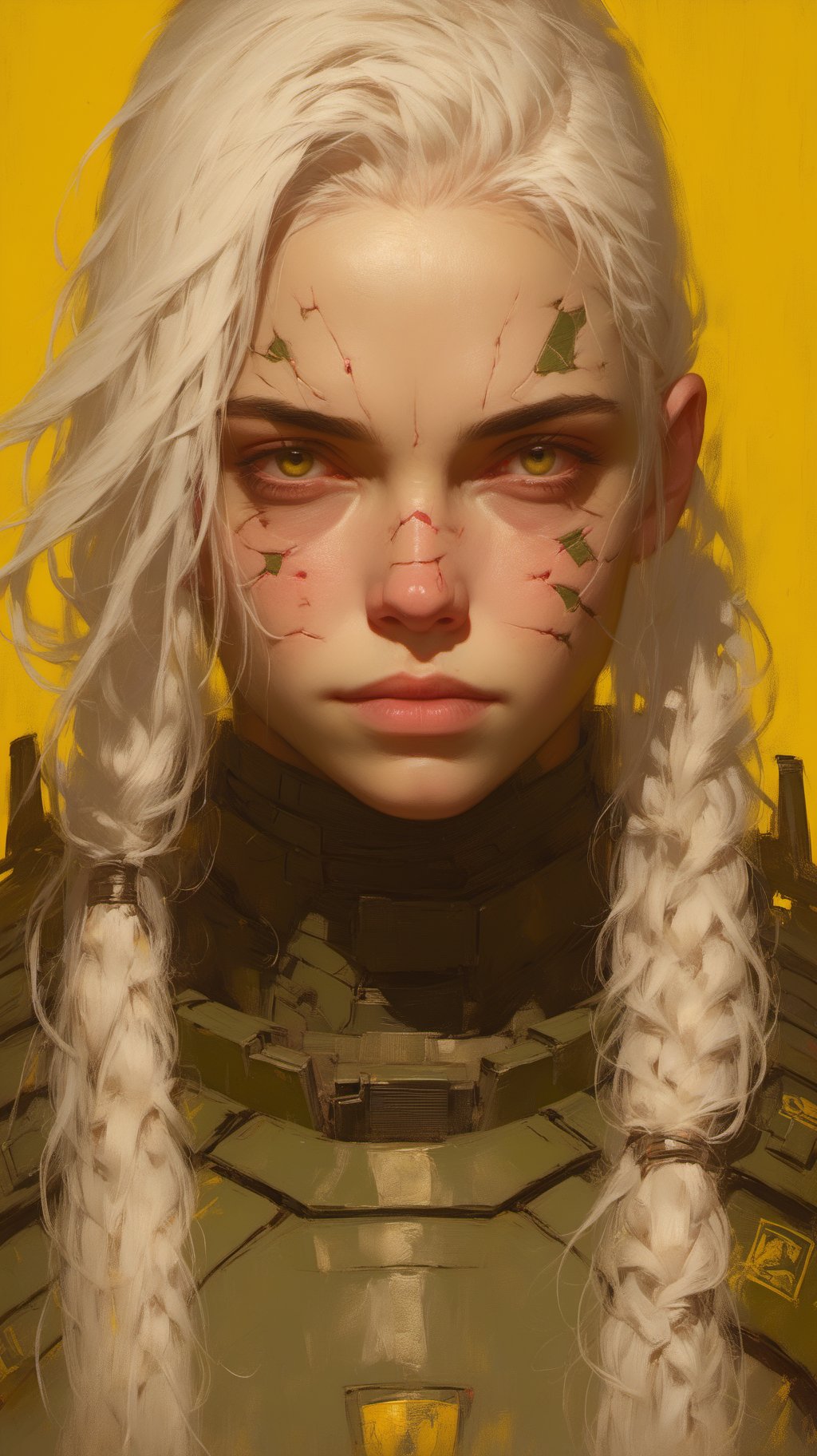 BJ_Cyber_albinism,1girl,solo,long_hair,looking_at_viewer,closed_mouth,green_eyes,upper_body,white_hair,armor,lips,facial_mark,portrait,hair_over_shoulder,yellow_background,forehead,realistic,nose,facial_tattoo,photo,8k,intricate,highly detailed,majestic,digital photography,broken glass,(masterpiece, sidelighting, finely detailed beautiful eyes:1.2),hdr,realistic,high definition,. Dreamlike,mysterious,provocative,symbolic,intricate,detailed,<lora:SDXL_Cyber_albinism_V1:0.7>,