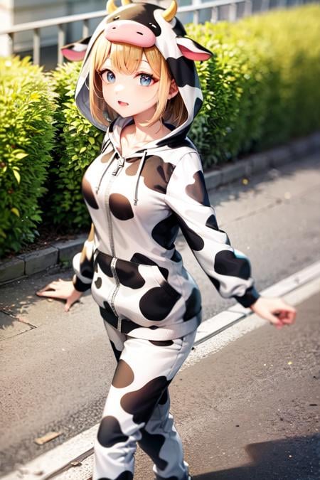 (cow print:1.2), cow hood, walking, outdoors, hoodie, jacket, cute, medium hair, medium breasts, 
