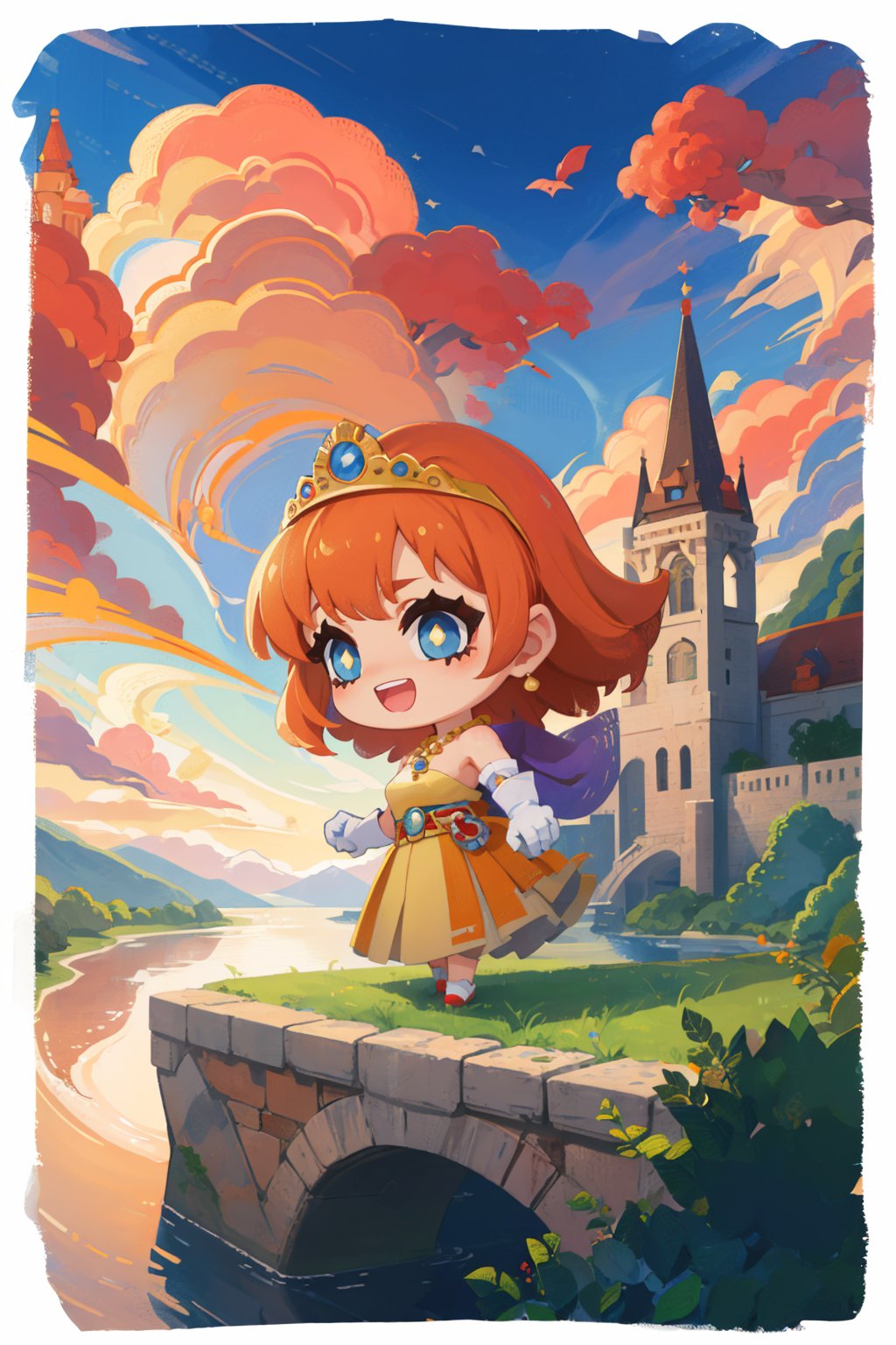 masterpiece, best quality, dqLaura, tiara, orange hair, necklace, yellow dress, elbow gloves, chibi, border, sky, clouds, :D, castle, bridge, river <lora:dqlaura-nvwls-v1-000010:0.9>  <lora:style_onmyoji-20:1>