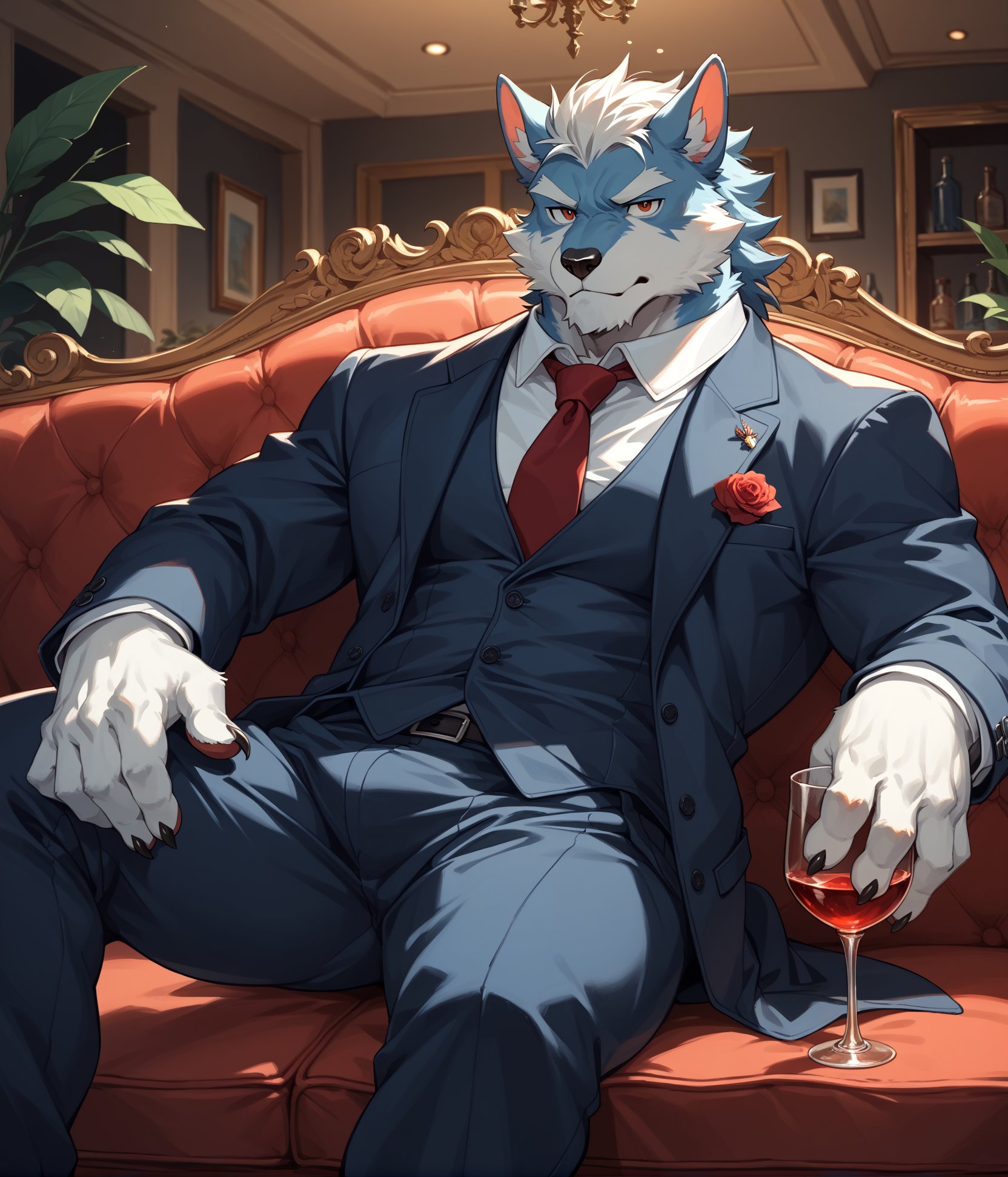 score_9,score_8_up,score_7_up,score_6_up,3 furry,3 kemono,high quality,tail,rating_explicit,embedding:zPDXL3 BREAK male furry,bara,perfect anatomy,Premium bar,crystal,sofa,drinking red wine glass,holding red wine in one hand,look at viewer,contempt,suit,luxury,VIP private room,leather shoes,