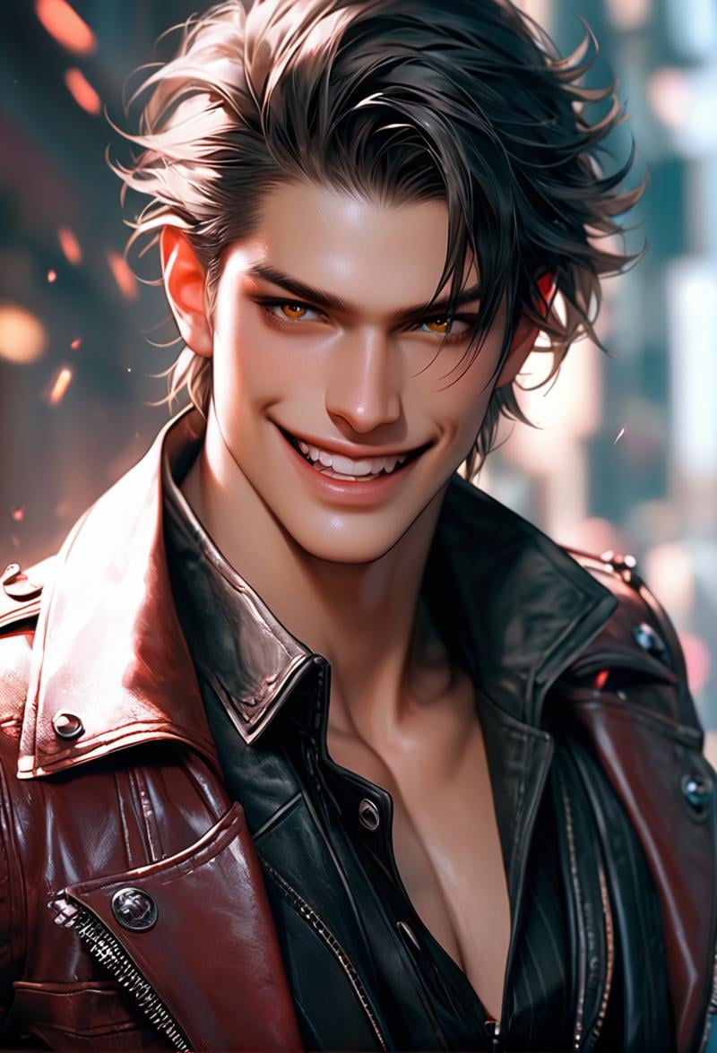 score_9, score_8_up, score_7_up, Dante from "Devil May Cry" twirls his dual pistols before holstering them with a confident grin. His stylish leather jacket and the nonchalant swagger as he walks through chaos make him the epitome of cool, his devil-may-care attitude only adding to his allure.