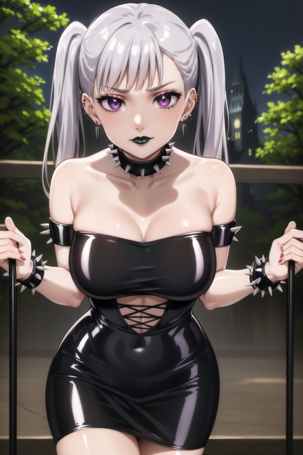 masterpiece, best quality, highres,Sexy, ((spiked collar,spiked:1.3)), (gothic,lipstick, black lips:1.4),(bondage,dominatrix),bdsm,(( latex:1.4)) noelle_silva, silver hair,purple eyes, twintails, bangs, earrings, jewelry ,hoop earrings:1.3, with astounding soft skin and soft pale body, (intricate short Black dress:1.4), (spiked bracelet), corset:1.4, (black hoop earring:1.3), curvaceous, voluptuous body, (black tube top:1.2), black choker, pencil skirt, miniskirt, (black skirt),, elegant, outdoors, modern, looking at viewer, best quality, absurdres, best aesthetic, sensual look, looking at you, lips, strange fashion Women'sday_theme (Professional illustration),RockOfSuccubus,black lips<lora:EMS-401523-EMS:0.800000>, <lora:EMS-12629-EMS:0.600000>, <lora:EMS-313551-EMS:0.400000>