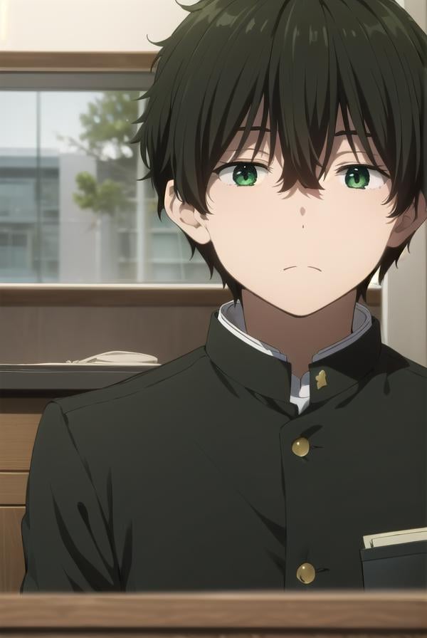 houtarouoreki, <lora:houtarou oreki s1-lora-nochekaiser:1>,houtarou oreki, short hair, bangs, black hair, hair between eyes, (green eyes:1.5), male focus,BREAK school uniform, gakuran,BREAK indoors, classroom,BREAK looking at viewer, (cowboy shot:1.5),BREAK <lyco:GoodHands-beta2:1>, (masterpiece:1.2), best quality, high resolution, unity 8k wallpaper, (illustration:0.8), (beautiful detailed eyes:1.6), extremely detailed face, perfect lighting, extremely detailed CG, (perfect hands, perfect anatomy),