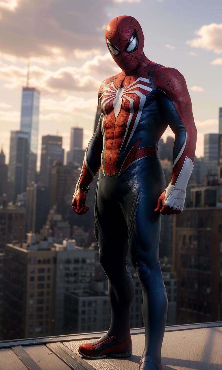 spideyadv2, man standing on rooftop, muscular, best quality, masterpiece, 8k, uhd, night, new york