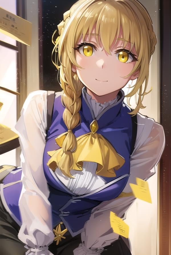 guildgirl, <lora:guildgirl-lora-nochekaiser:1>,guild girl, long hair, blonde hair, (yellow eyes:1.5), braid, single braid, smile,BREAK skirt, shirt, long sleeves, white shirt, pantyhose, black skirt, vest, long skirt, yellow ribbon, ascot, yellow ascot,BREAK looking at viewer, upper body, full body, (cowboy shot:1.5),BREAK outdoors, city,BREAK <lora:GoodHands-vanilla:1>, (masterpiece:1.2), best quality, high resolution, unity 8k wallpaper, (illustration:0.8), (beautiful detailed eyes:1.6), extremely detailed face, perfect lighting, extremely detailed CG, (perfect hands, perfect anatomy),