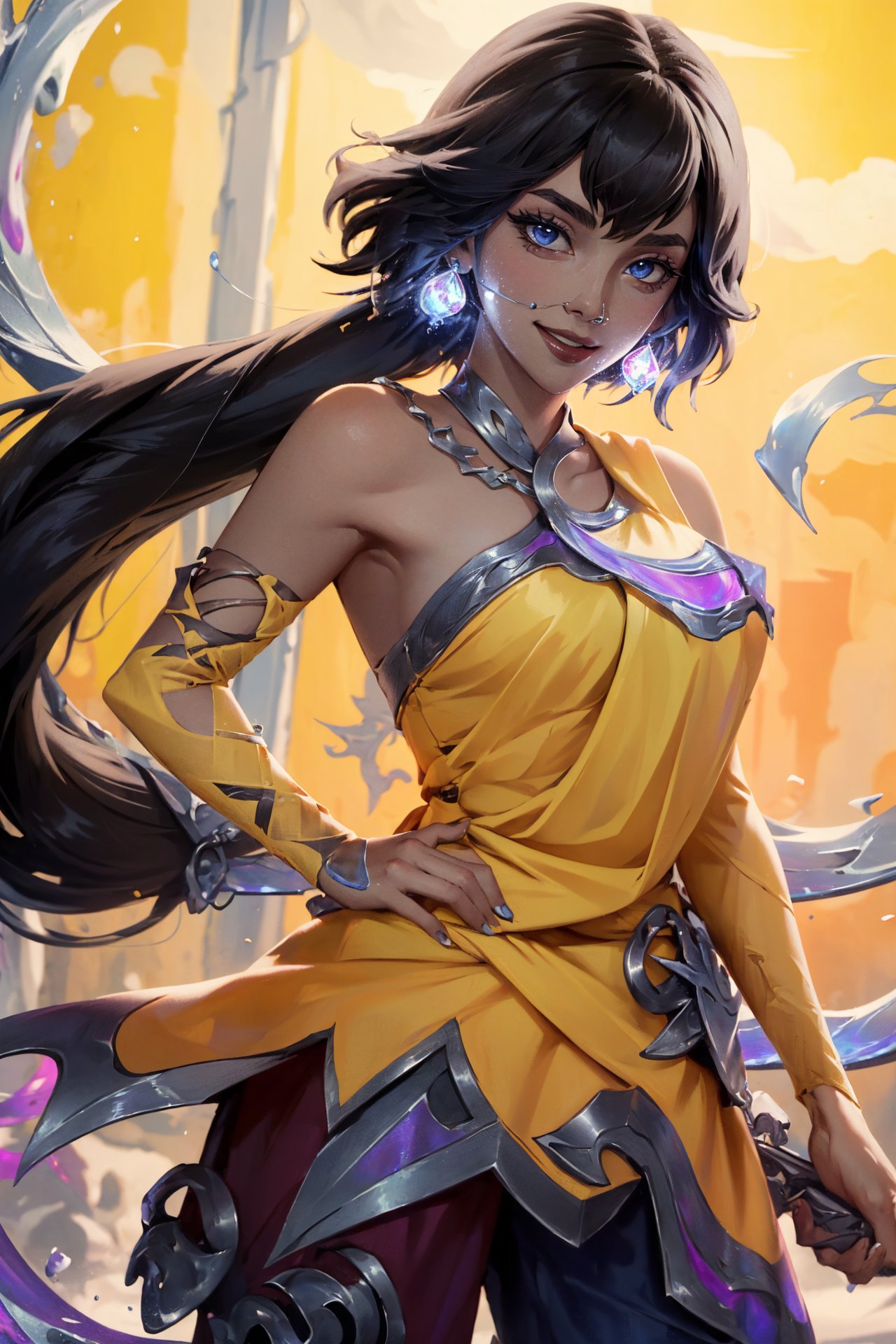 (Masterpiece:1.4), (best quality:1.2), <lora:Nilah_LoL-000020:1>, nilah \(league of legends\), 1girl, yellow dress, black pants, black hair, smile, upper body, cowboy shot