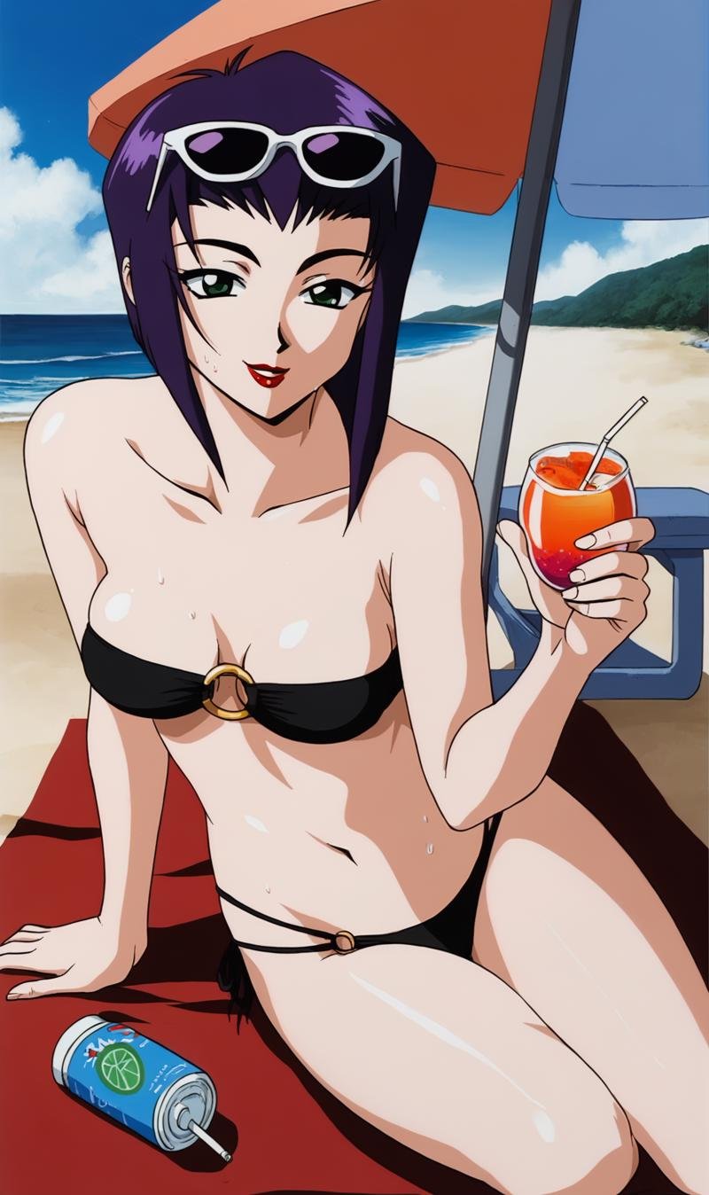 FV, 1girl, solo, purple hair, lipstick, green eyes, sunglasses on head, lying on towel, beach, ocean, black o-ring bandeau bikini, sunny, shiny skin, holding drink, sweating, smile, knee bend, retro artstyle, <lora:Faye Valentine Pony XL:0.75>