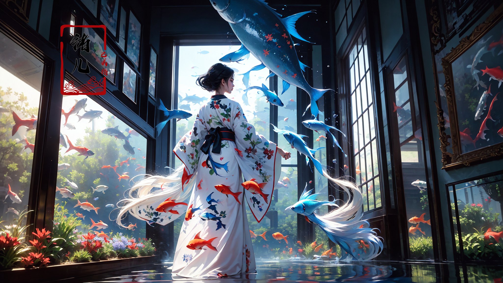 1girl, fish, solo, indoors, painting (object), white hair, short hair, plant, japanese clothes, standing, goldfish, holding, sunlight, kimono, koi, window, animal, long sleeves, from behind, hakama, facing away, picture frame, shadow, flower, aquarium，<lora:绪儿-海底世界 Underwater world:0.8>