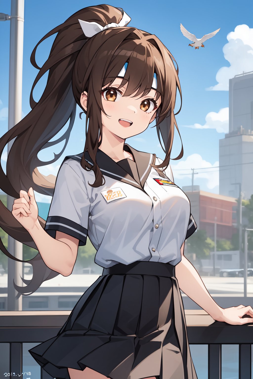 1girl, , alpha signature, bird, black skirt, brown eyes, brown hair, character name, chicken, cowboy shot, dated, employee uniform, hachimaki, headband, high ponytail, light brown hair, long hair, looking at viewer, open mouth, pleated skirt, ponytail, skirt, smile, striped, teeth, twitter username, uniform, upper teeth only, vertical stripes, 