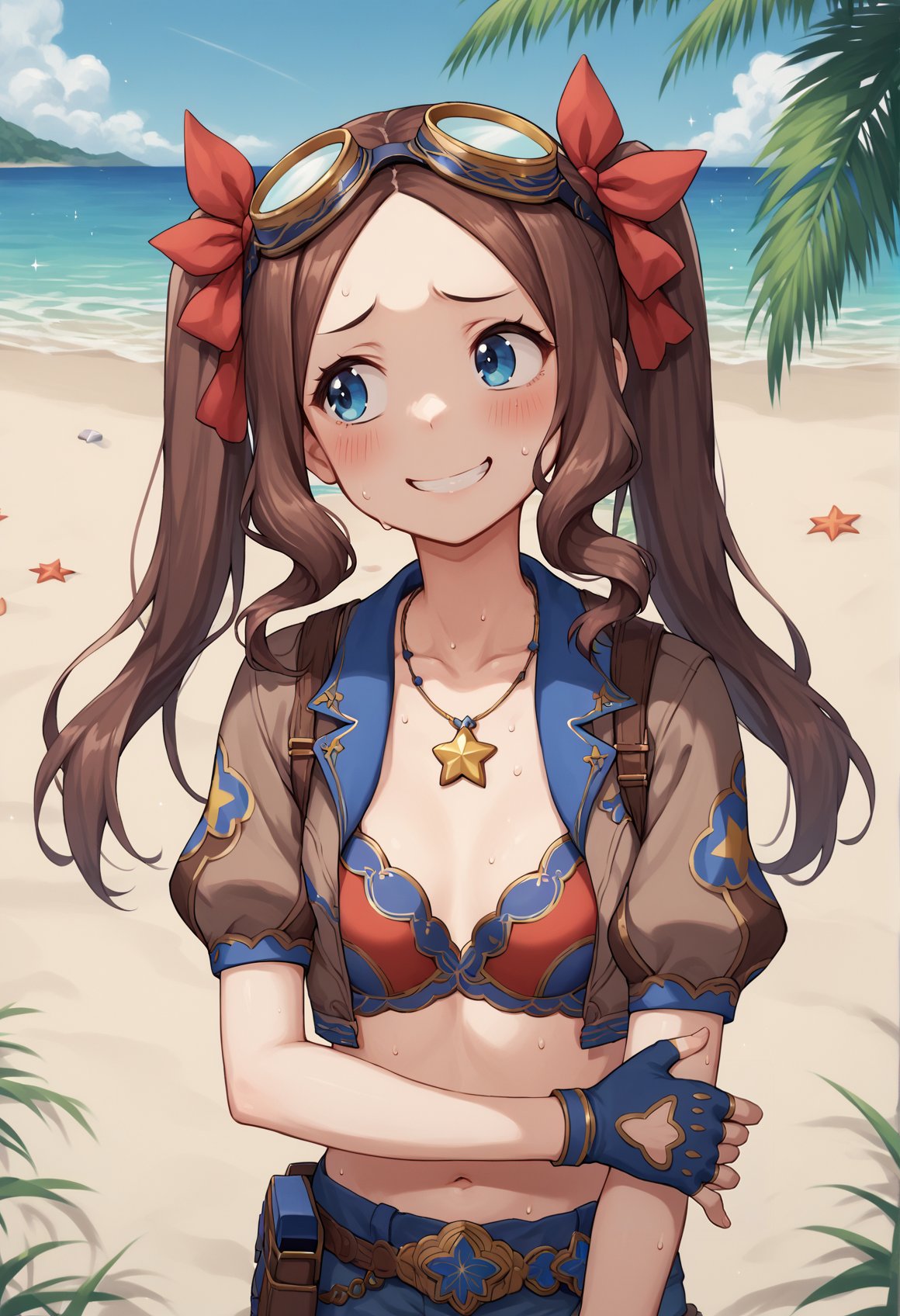 1girl, blue eyes, long hair, brown hair, sidelocks, forehead, twintails, red hair ribbon, star \(symbol\), necklace, Goggles On Head, bra, cropped jacket, puffy sleeves, short sleeves, blue shorts, belt, fingerless gloves, sweat, blushing, nervous smile, outdoors, beach, palm tree, looking to he side, hand on own arm <lora:Vinci_XL:1>, score_9, score_8_up, score_7_up, score_6_up, score_5_up, score_4_up, BREAK source_anime, masterpiece