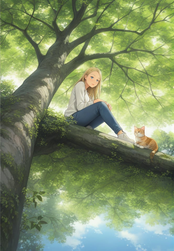 (best quality), ((masterpiece)), (highres), illustration, original, extremely detailed,  <lora:疗愈天空:0.7>1girl, blonde hair, tree, sitting, cat, blue eyes, long hair, solo, pants, outdoors, nature, day, long sleeves, reflection