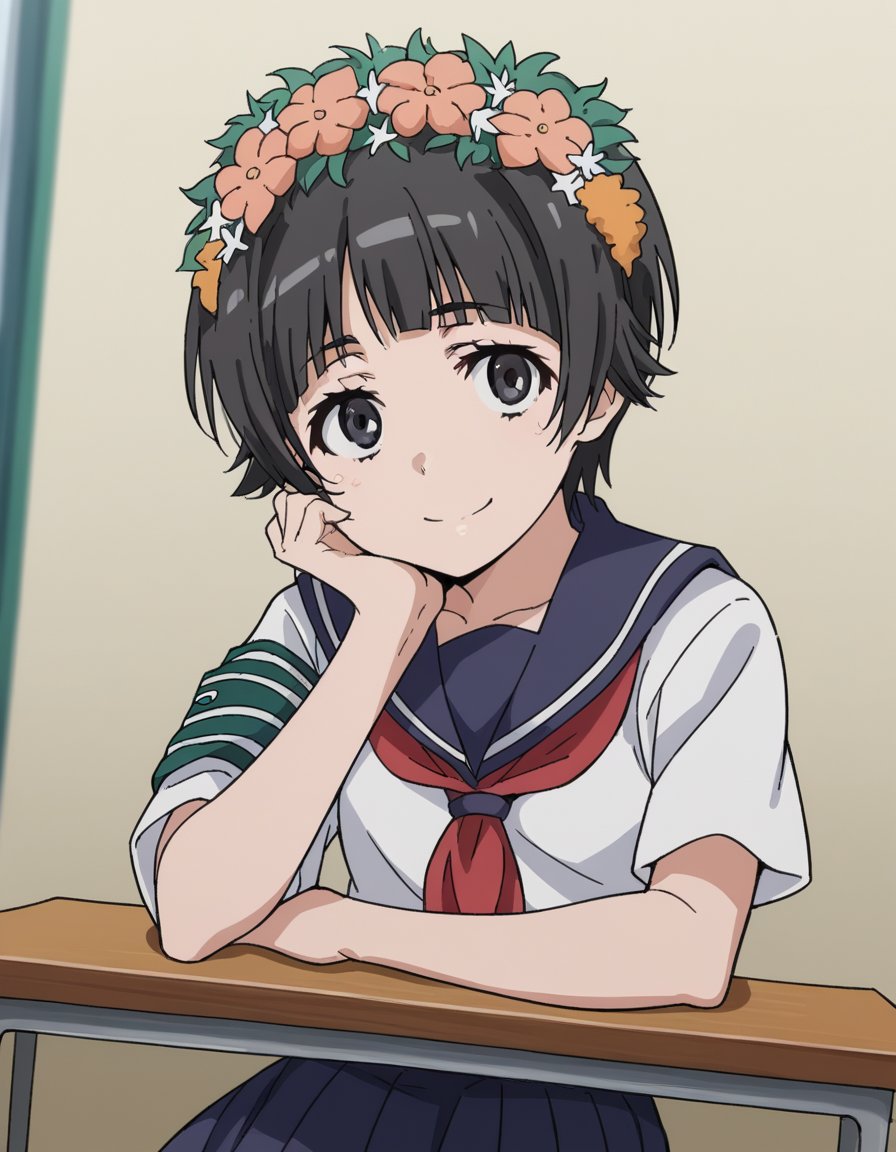 score_9, score_8_up, score_7_up, source_anime, <lora:uiharu-kazari-s3-ponyxl-lora-nochekaiser:1>, uiharu kazari, black eyes, black hair, flower, hair flower, hair ornament, head wreath, short hair, bangs, blunt bangs,, armband, sakugawa school uniform, school uniform, serafuku, skirt, summer uniform, neckerchief, red neckerchief, blue sailor collar, blue skort, short sleeves,, indoors, smile, looking at viewer, solo, sitting, head rest, table,, cowboy shot, dutch angle