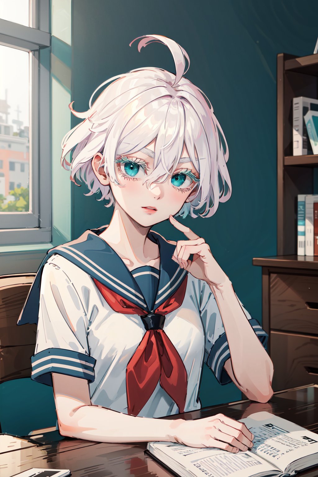 masterpiece, best quality, highres, 1girl, solo, short hair, white hair, floating hair, ahoge, hair between eyes, colored eyelashes, aqua eyes, serafuku, sailor collar, red neckerchief, shirt, short sleeves, <lora:kawaragi_senju_v1:0.7>, sitting, desk, book, upper body, 