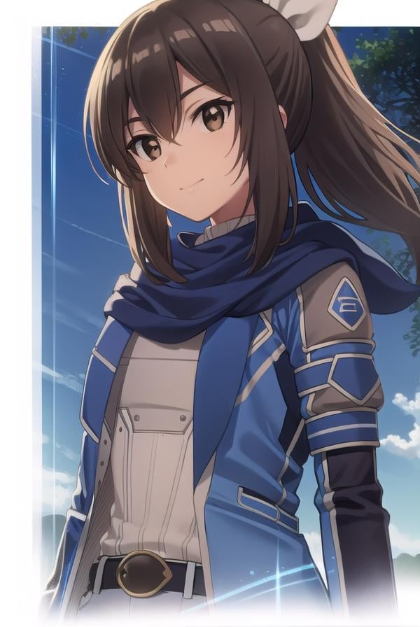 bofurisally, <lora:bofuri sally s2-lora-nochekaiser:1>, sally, long hair, brown hair, (brown eyes:1.5), ribbon, hair ribbon, ponytail, smile,BREAK gloves, shorts, scarf, blue scarf, shirt, white shirt, puffy sleeves, long sleeves, belt, denim shorts,BREAK outdoors, nature, forest, sun, sky, clouds, trees, grass,BREAK looking at viewer,BREAK <lyco:GoodHands-beta2:1>, (masterpiece:1.2), best quality, high resolution, unity 8k wallpaper, (illustration:0.8), (beautiful detailed eyes:1.6), extremely detailed face, perfect lighting, extremely detailed CG, (perfect hands, perfect anatomy),